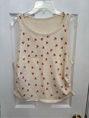 OQQ Cream Cherry Print Cinch Side Tank Top, Size XL, NWOT